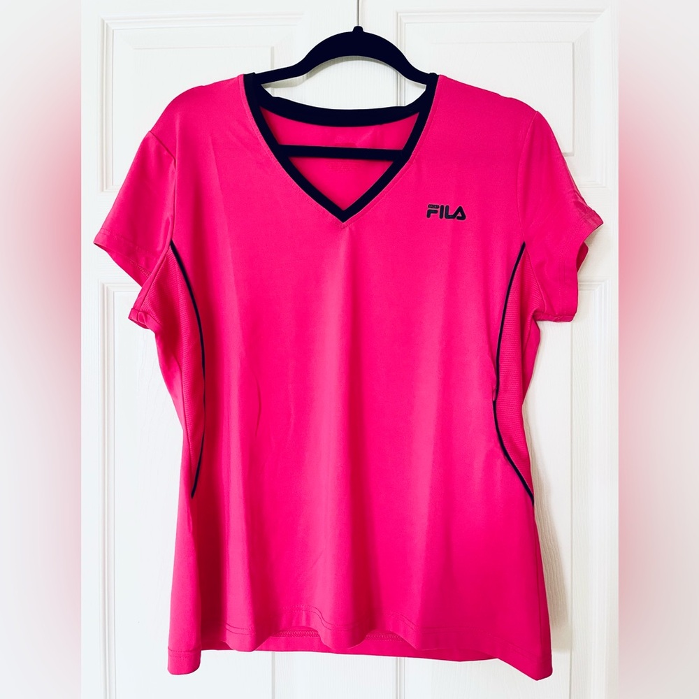 EUC 💖 Fila Sport | Hot Pink V-Neck Performance Tee with Black Trim